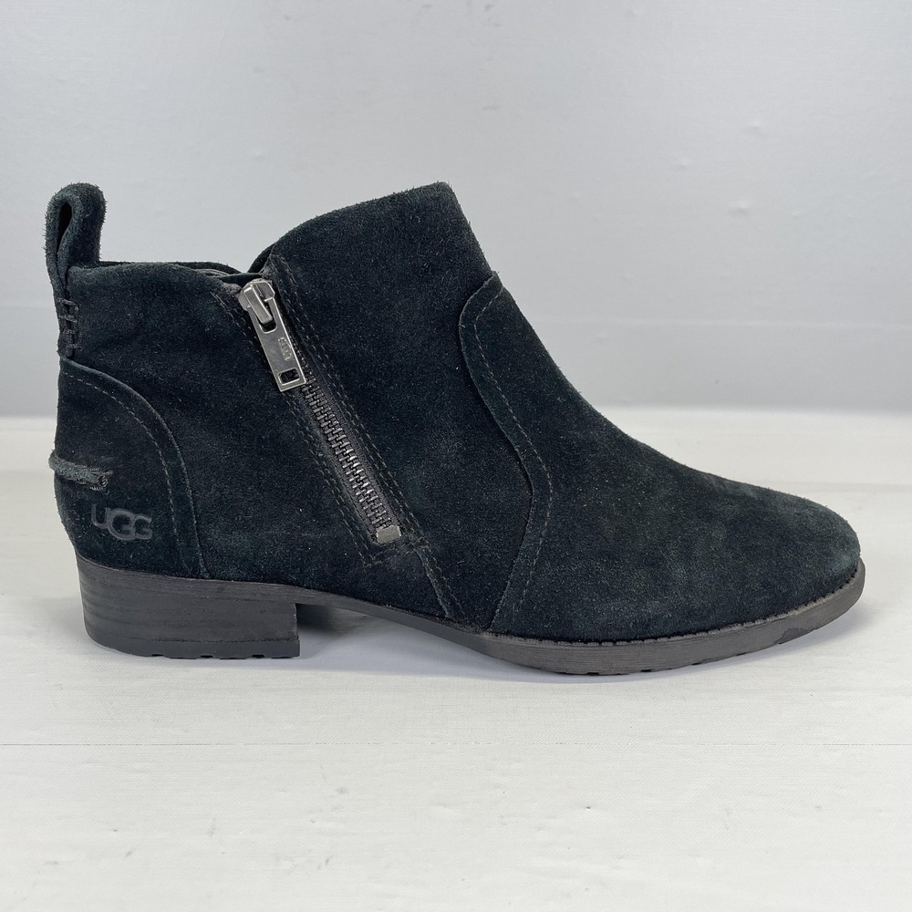 UGG Aureo II Ankle Boots Womens Size 8.5 Black Suede Side Zip Lug Sole Shoes